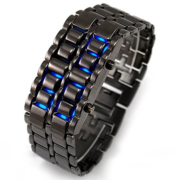 LED Digital‎ Watch, Black & Blue Stainless Steel Lava Style, Samurai Bracelet - Picture 7 of 13